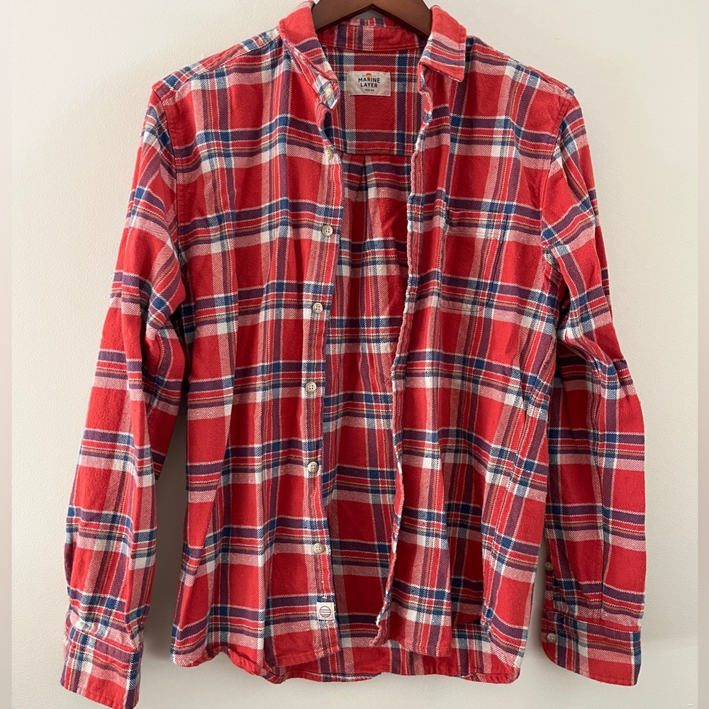 Marine Layer Red Plaid Flannel Button Down Shirt | Size Medium